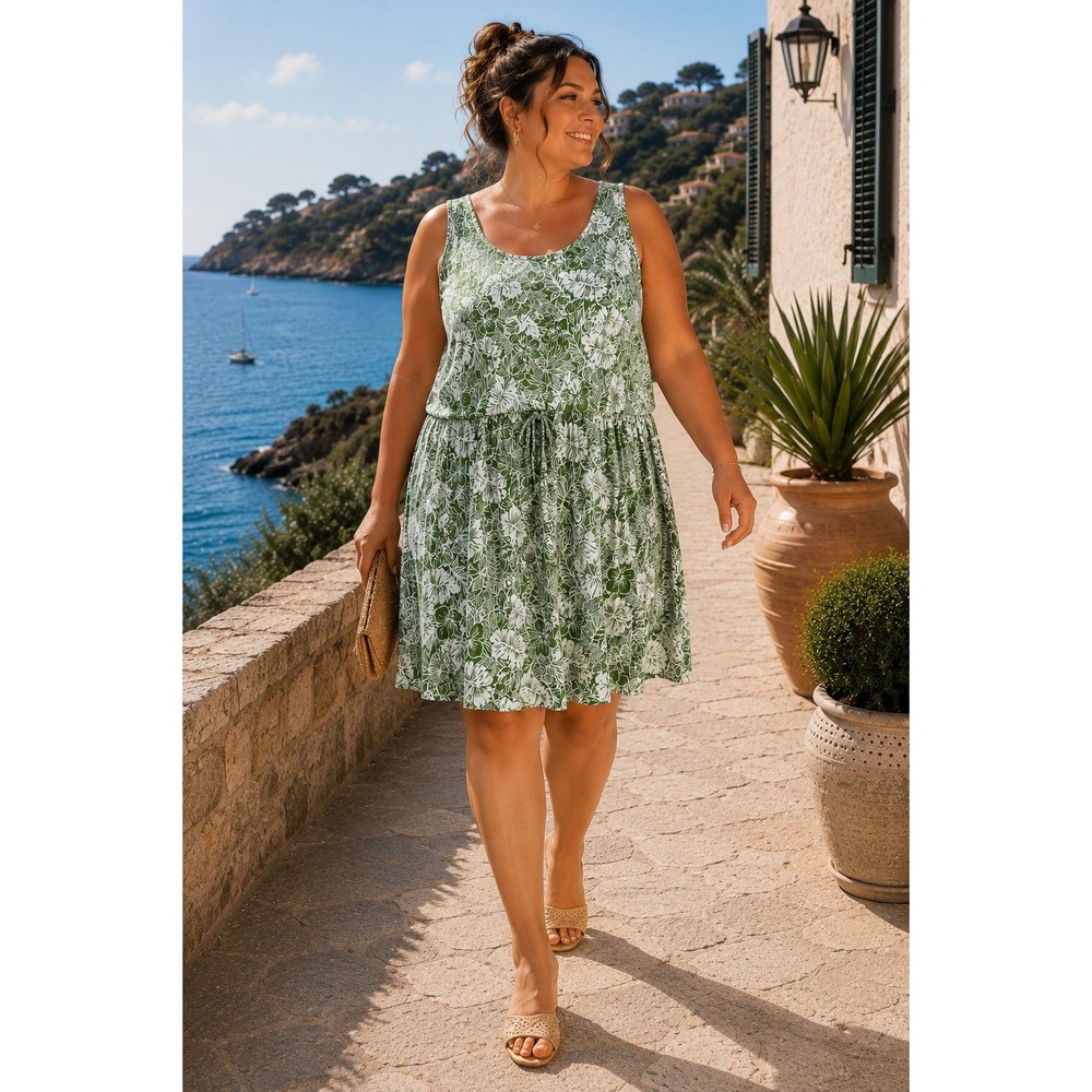 Dip Dress Womens 3X Green Sleeveless Floral Print Casual Resort Boho Chic WW19